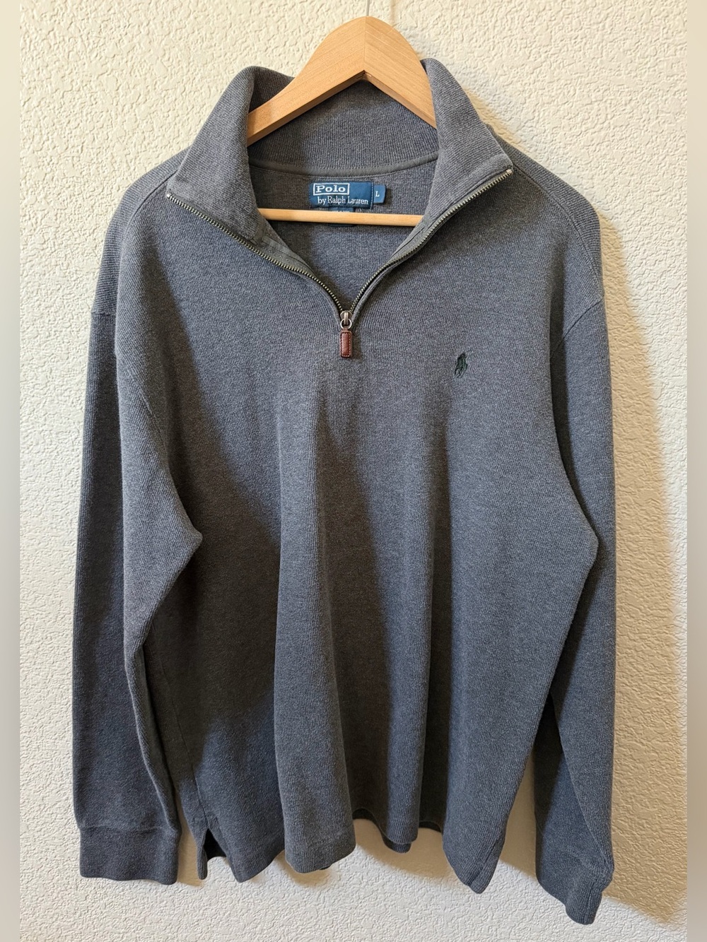 POLO Ralph Lauren Men's LG Gray Cotton Quarter Zip Pullover Sweater Green logo